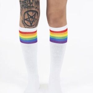 White Crew Socks with Rainbow Stripes